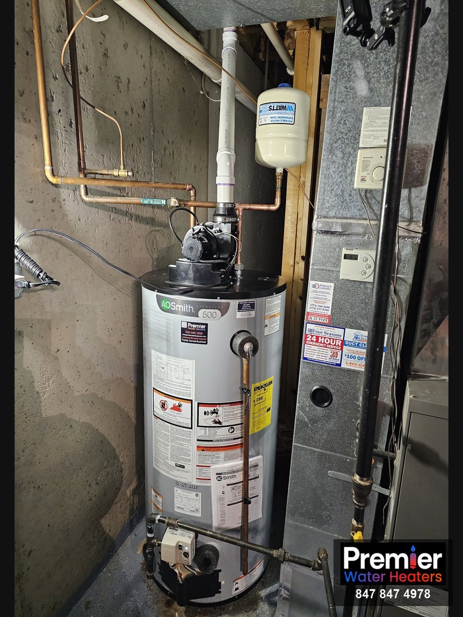 AO Smith Signature 500 50-gallon power vent water heater installed same day Algonquin IL Premier Water Heaters