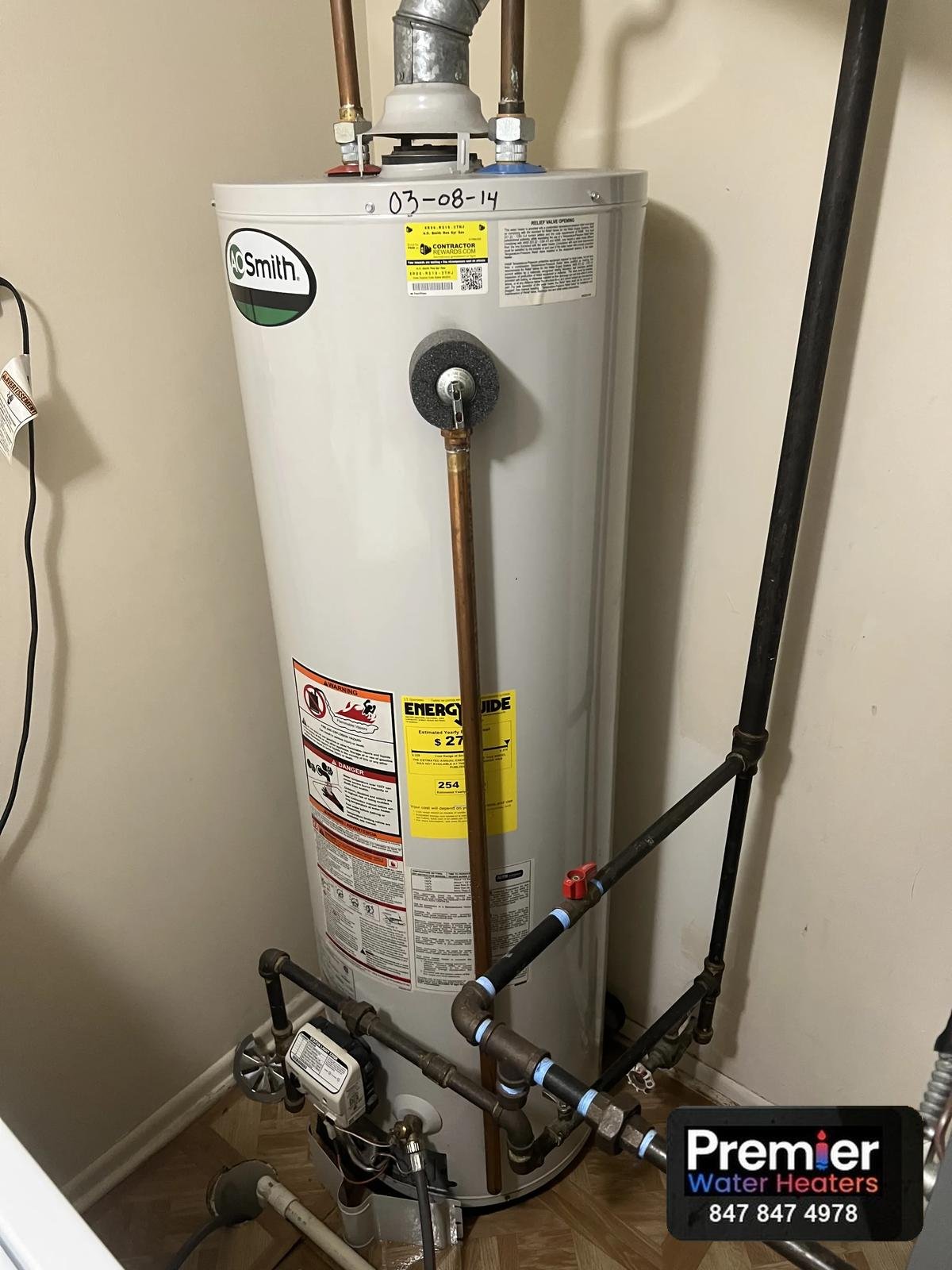 AO Smith 40 gallon gas water heater from 2014 before replacement Buffalo Grove IL