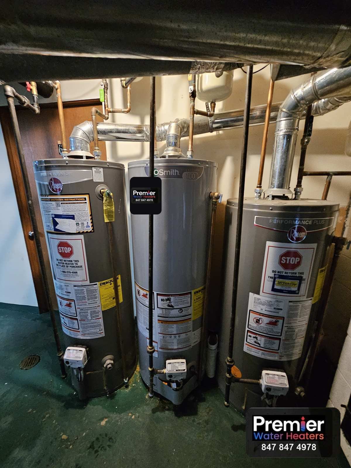 AO Smith Signature 100 40 gallon gas water heater installed in three heater bank Barrington IL Premier Water Heaters