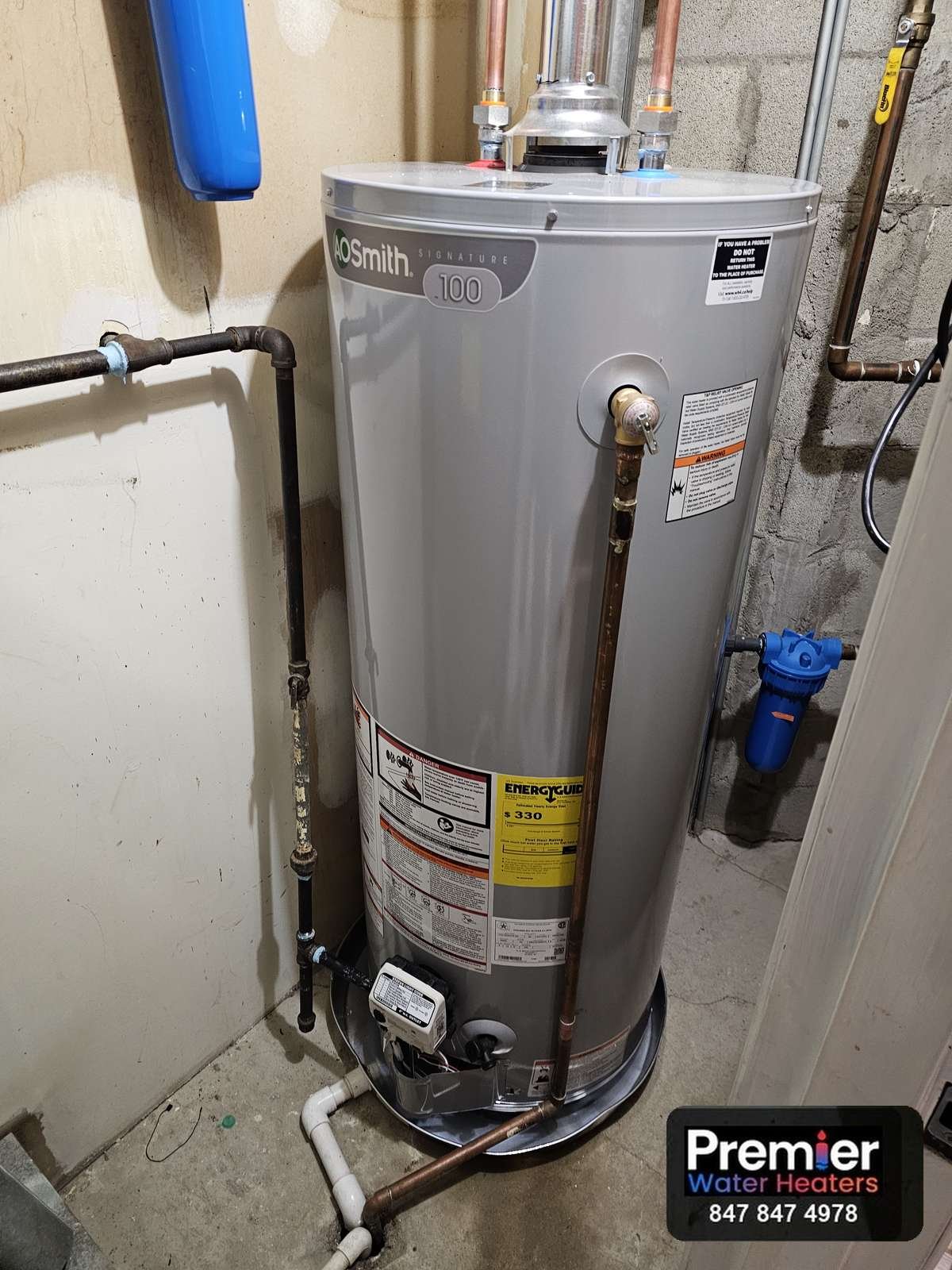 AO Smith Signature 100 50 gallon gas water heater installed Arlington Heights IL Premier Water Heaters