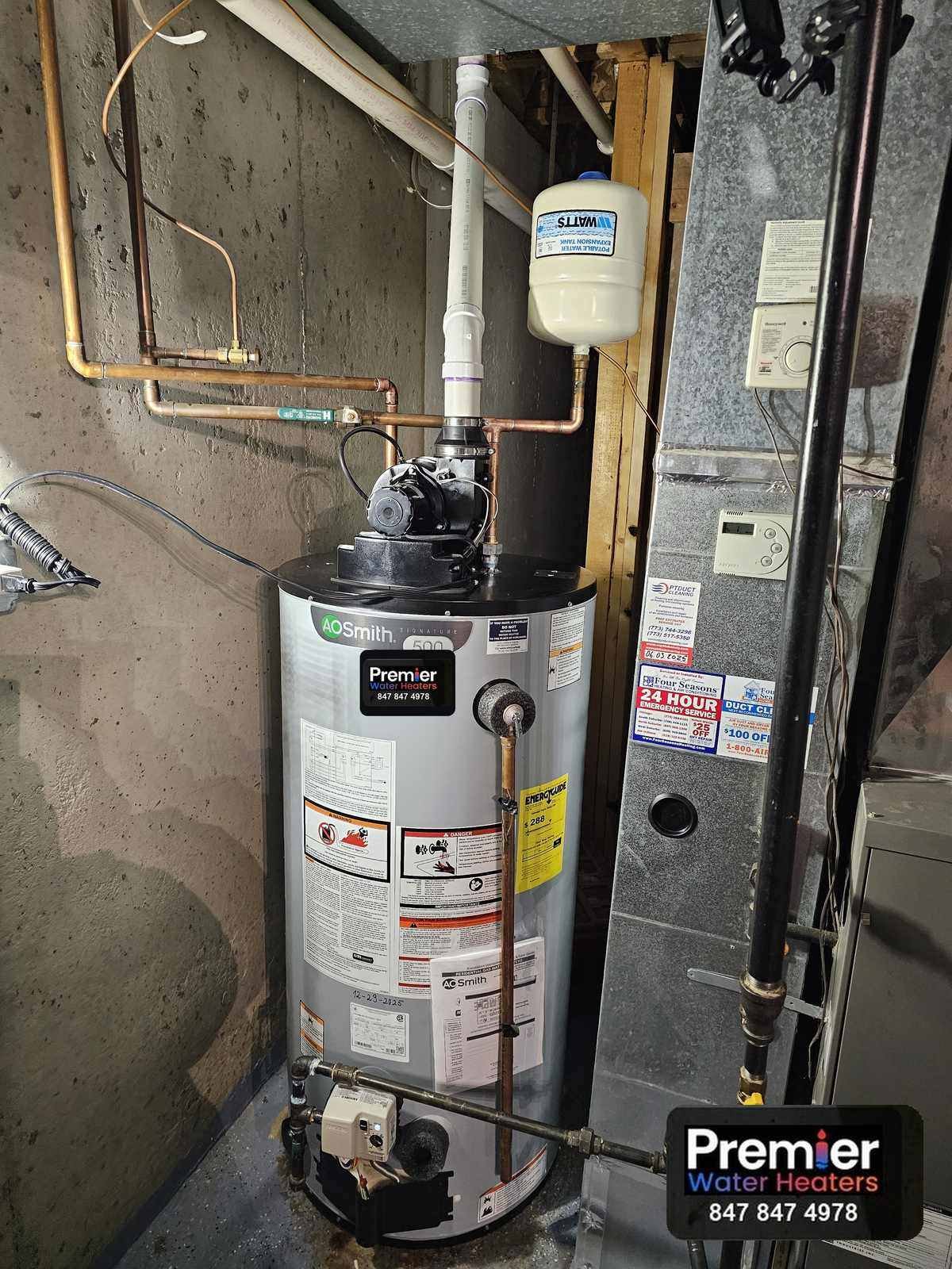 AO Smith Signature 500 50 gallon power vent water heater installed Algonquin IL Premier Water Heaters