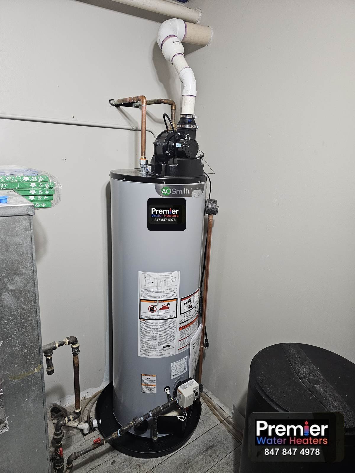 AO Smith Signature 500 50 gallon power vent water heater installed Fox River Grove IL Premier Water Heaters