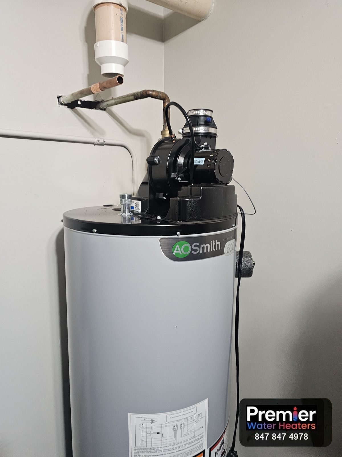 AO Smith Signature 500 power vent blower and PVC exhaust detail Fox River Grove IL