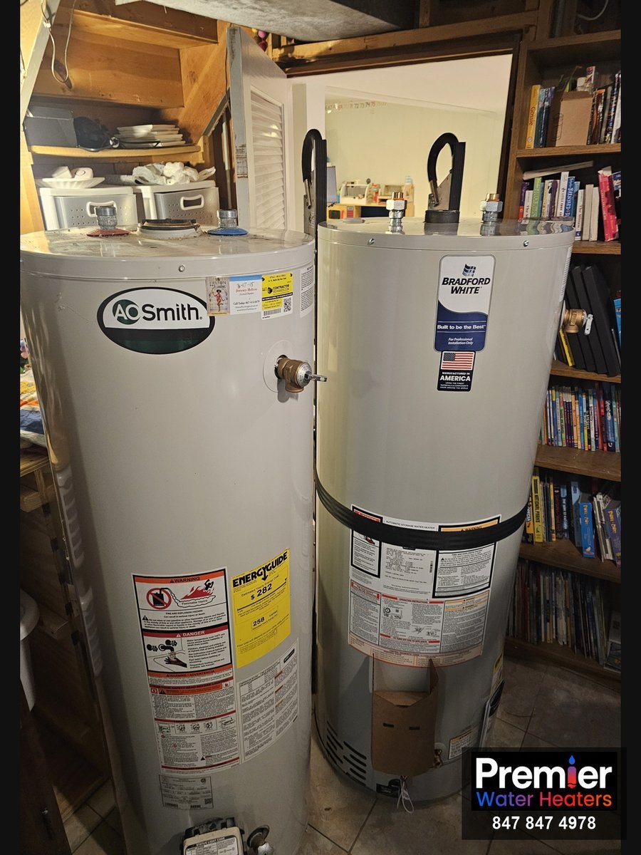 Old AO Smith and new Bradford White water heaters side by side Arlington Heights IL