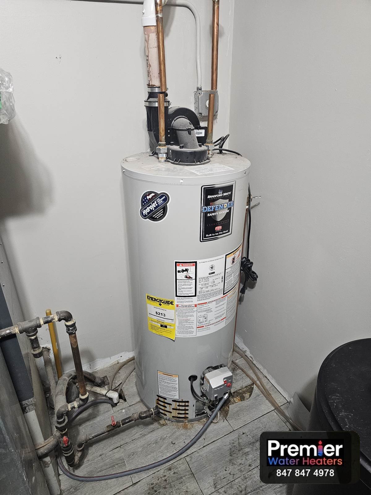 Bradford White 50 gallon power vent water heater before replacement Fox River Grove IL
