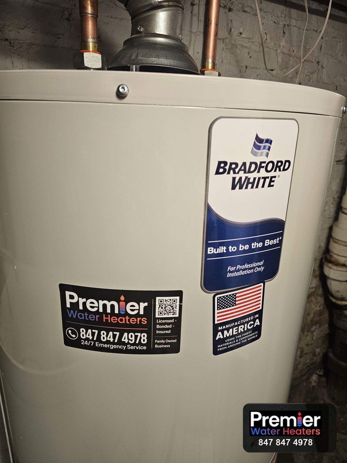 Bradford White 50 gallon water heater installation close up Palatine IL Premier Water Heaters