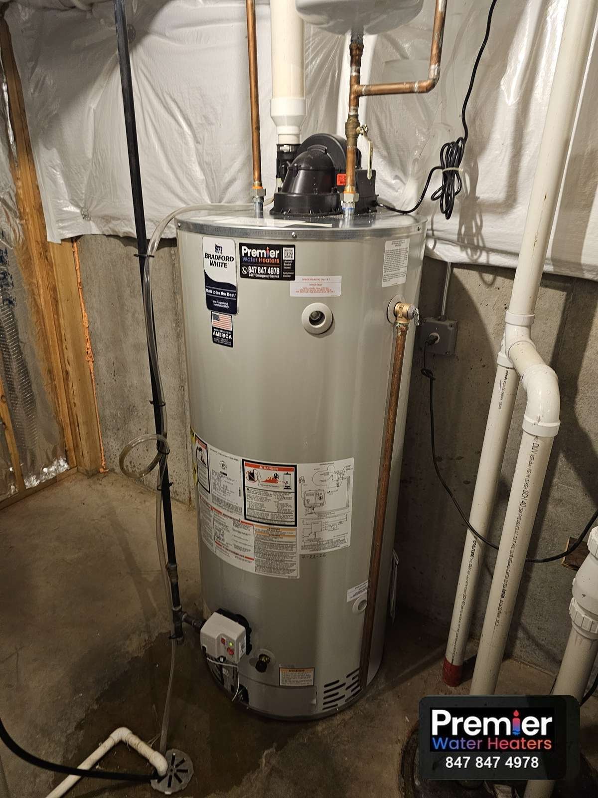 Bradford White 75 gallon power vent water heater installed Barrington IL Premier Water Heaters