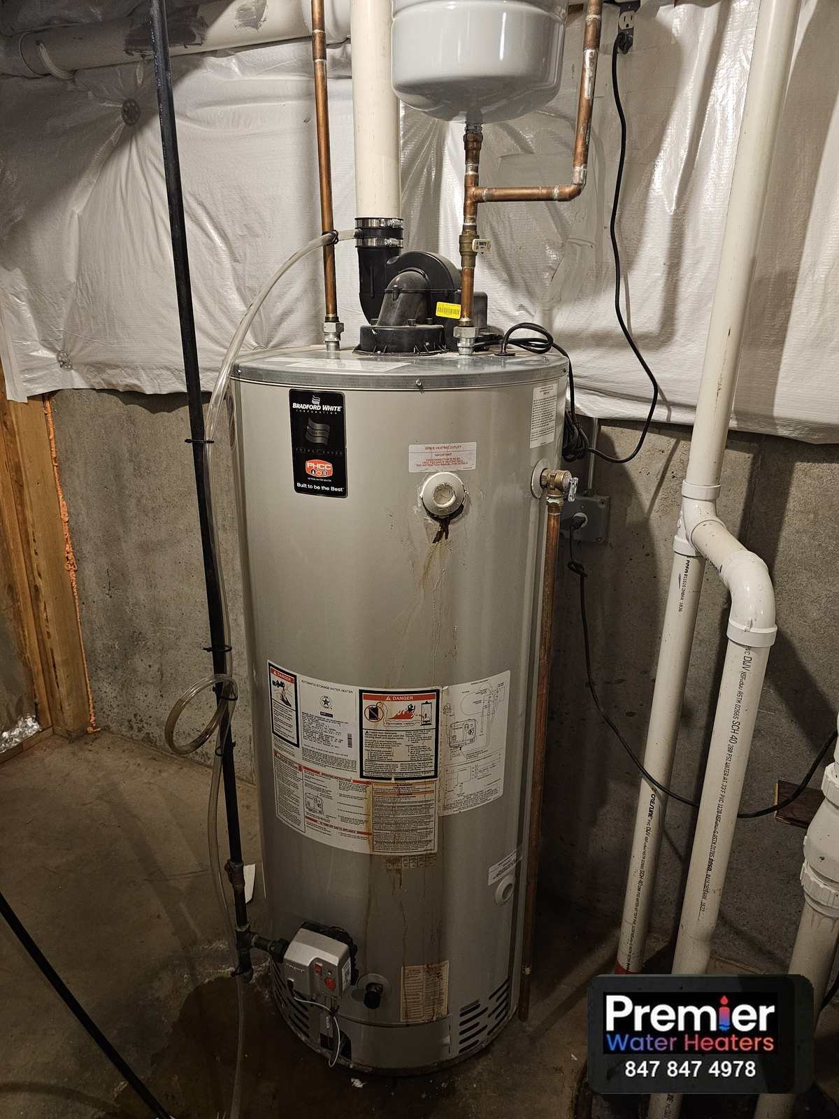 Leaking Bradford White 75 gallon power vent water heater before replacement Barrington IL