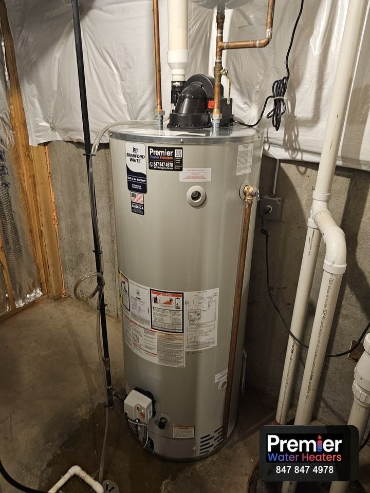 Bradford White power vent water heater installed by Premier Water Heaters in the Chicago Northwest Suburbs