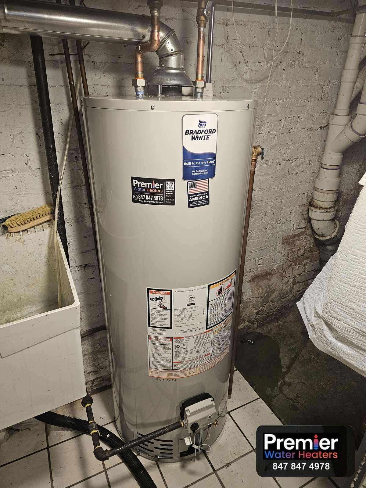 Bradford White RG250T6N 50 gallon gas water heater installed Palatine IL Premier Water Heaters