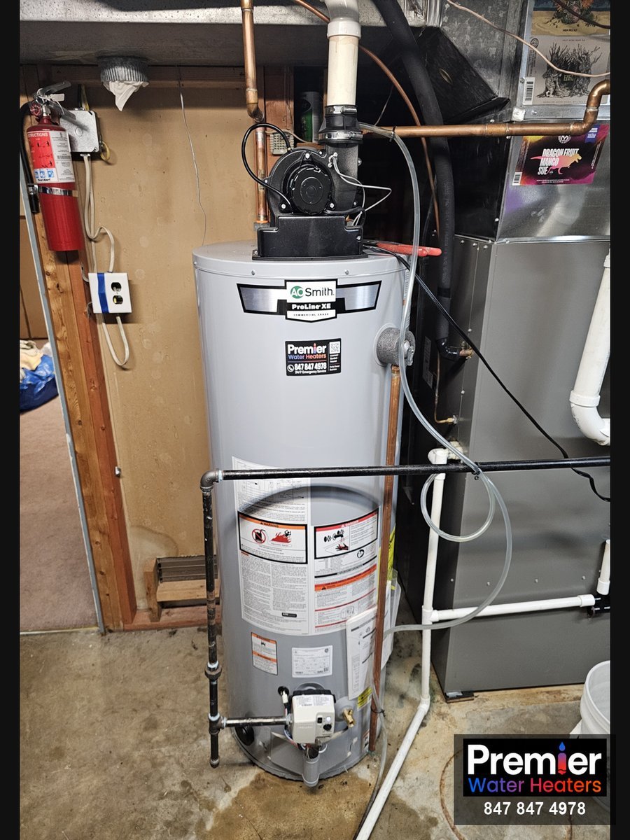 AO Smith ProLine XE 50-gallon power vent water heater installed Crystal Lake IL Premier Water Heaters