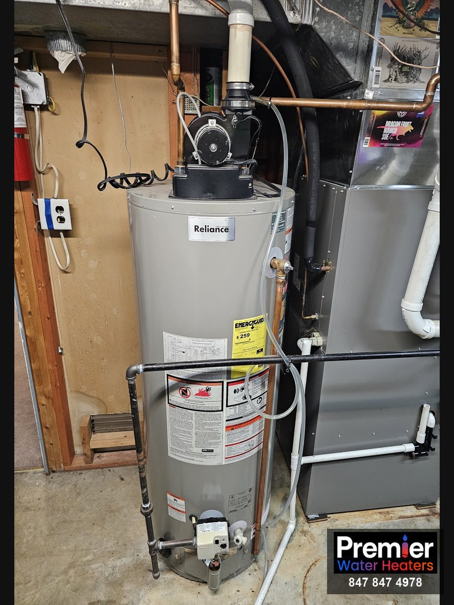 Reliance 50-gallon power vent water heater with failed gas valve before replacement Crystal Lake IL Premier Water Heaters