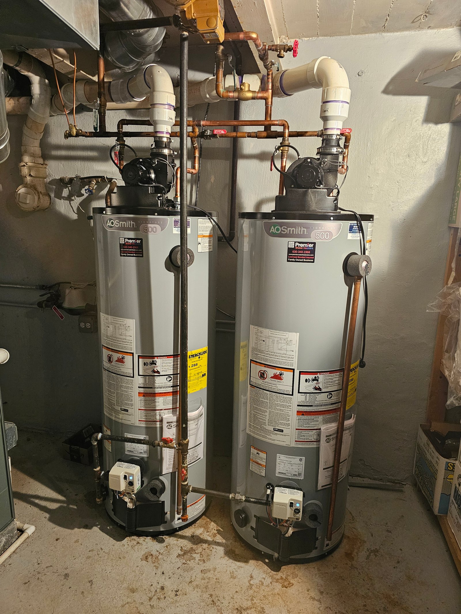 Dual AO Smith Signature 500 power vent water heater installation Barrington IL Premier Water Heaters