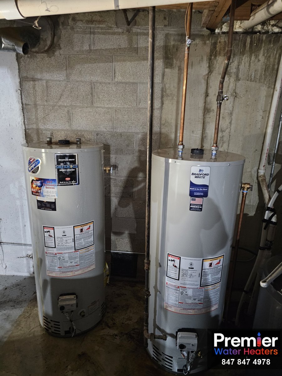 Old and new Bradford White 50-gallon water heaters side by side Hawthorn Woods IL