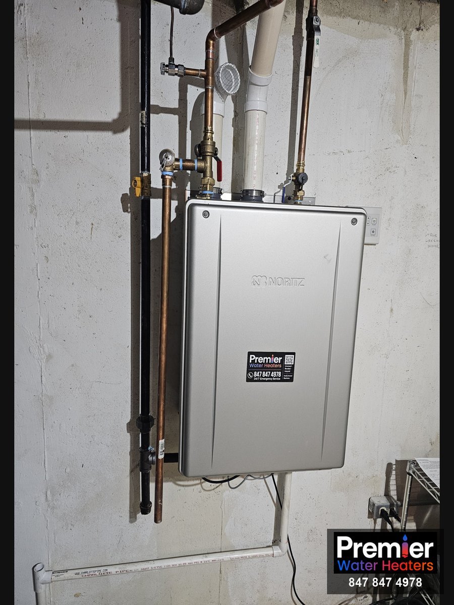 Noritz EZ111 tankless water heater close up with isolation valves Palatine IL Premier Water Heaters