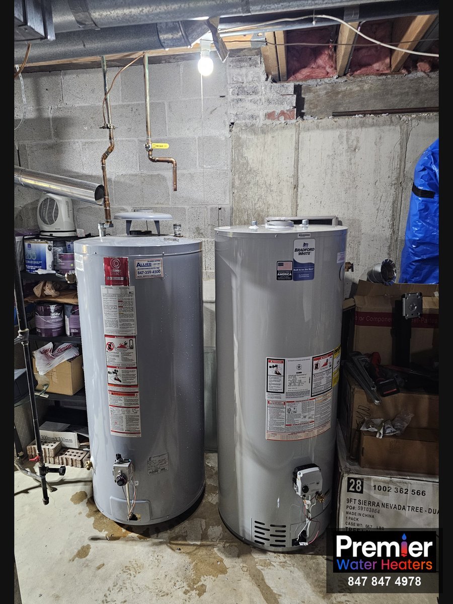 Old State and new Bradford White 75-gallon water heaters side by side Palatine IL