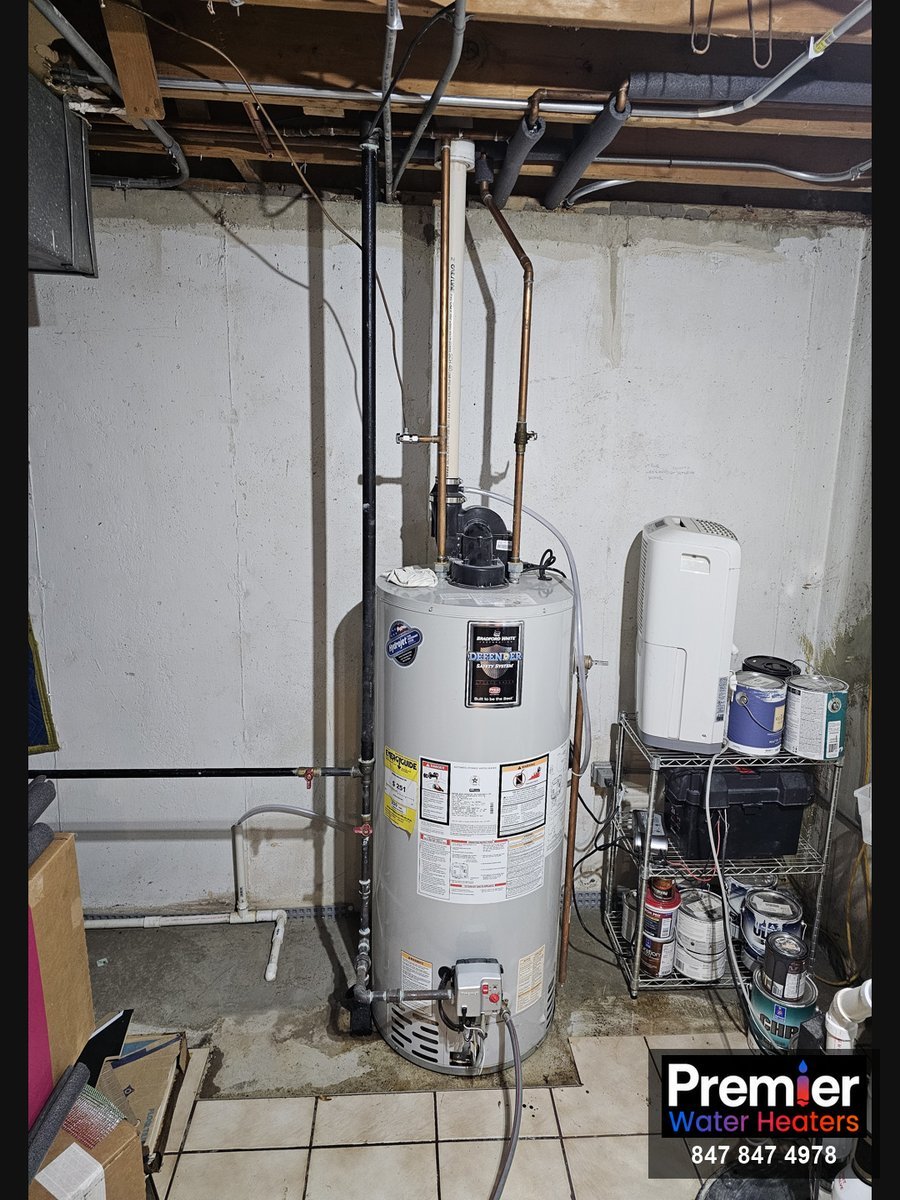 Leaking Bradford White 50-gallon power vent water heater before replacement Palatine IL Premier Water Heaters