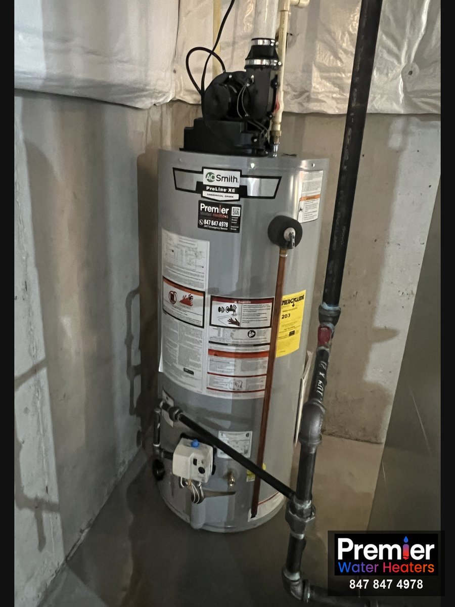AO Smith ProLine XE 50-gallon power vent water heater installed South Elgin IL Premier Water Heaters
