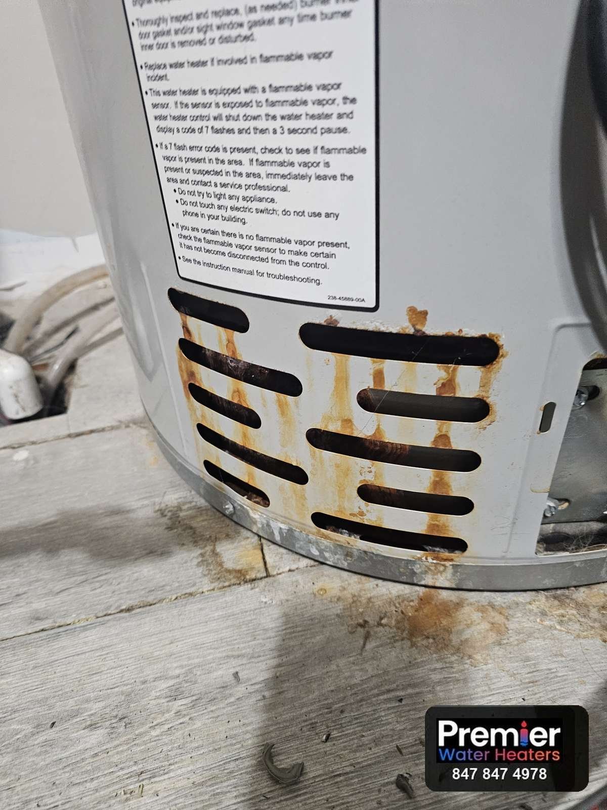 Rust and corrosion streaks at water heater burner vents Fox River Grove IL