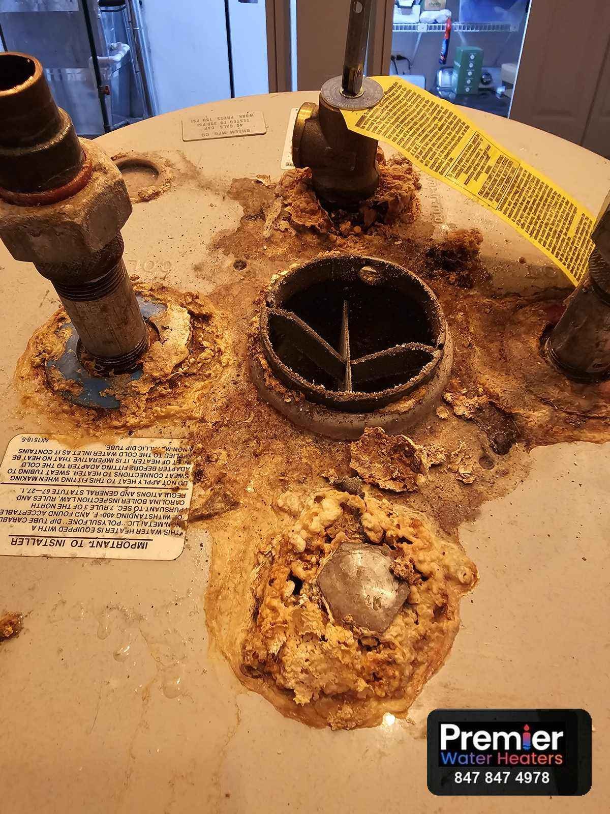 Severe corrosion and sediment at leaking water heater top fittings Palatine IL