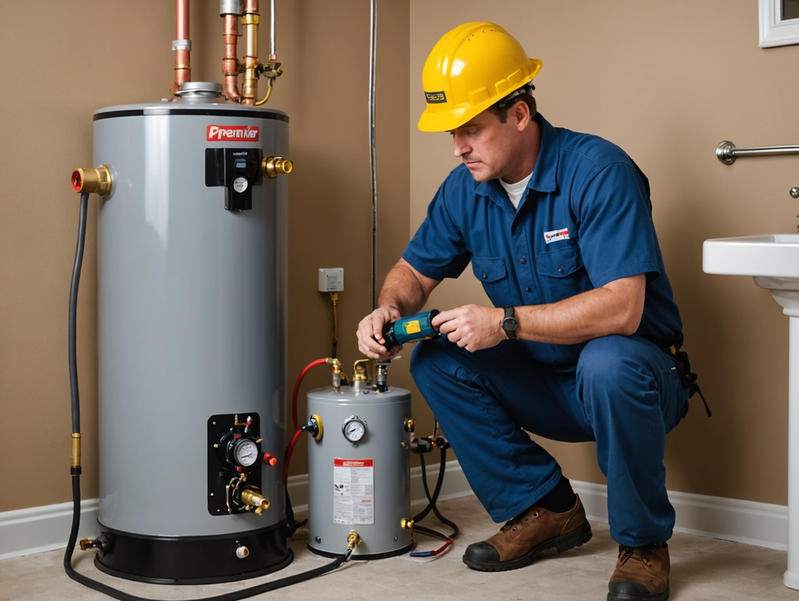 technician-inspecting-commercial-water-heater-and-expansion-tank